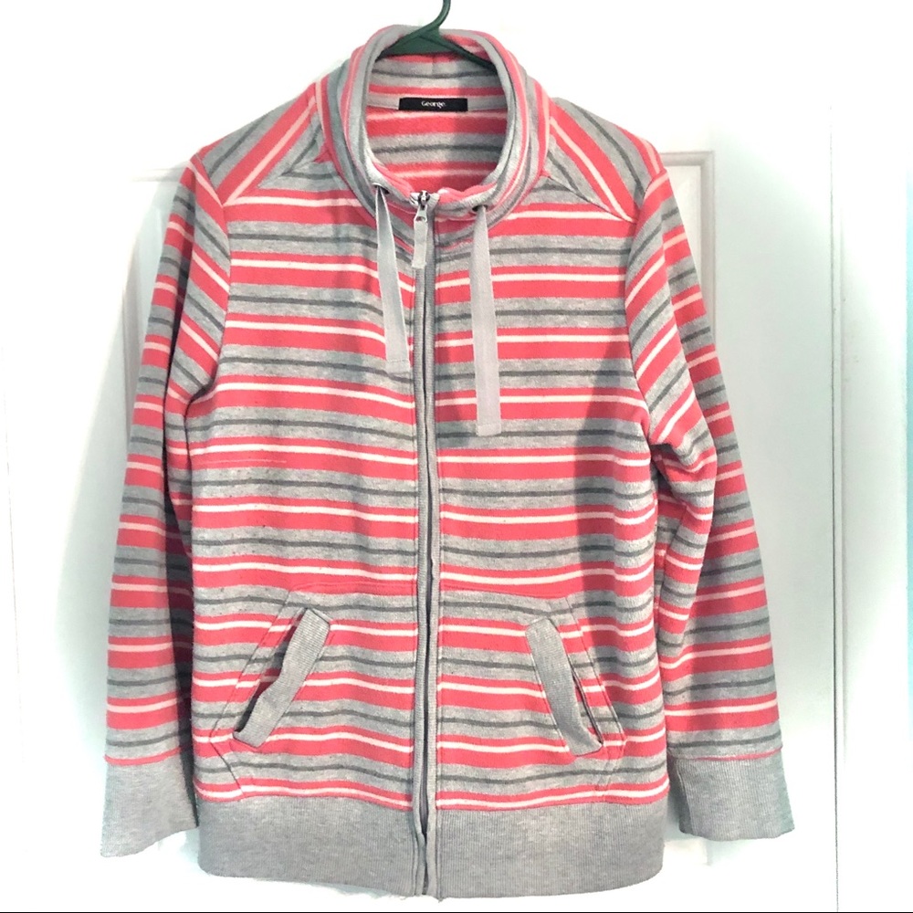 George Fleece Jacket Full Zip Grey/Coral Striped Side Pockets Drawstring Collar